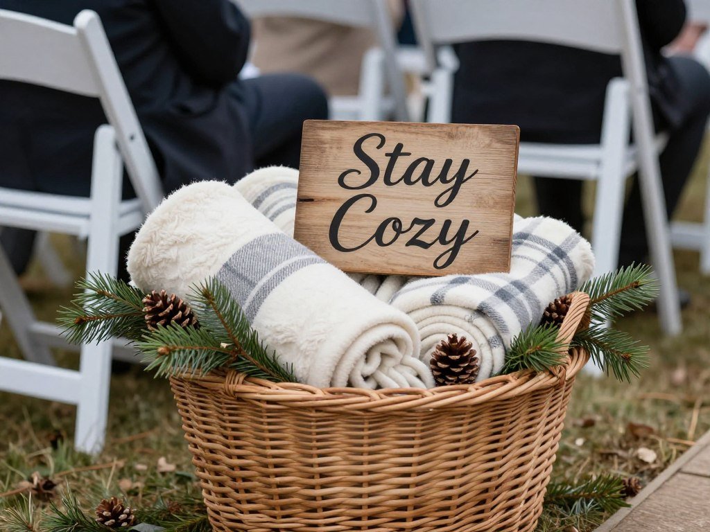 wedding guest blankets in basket with sign at winter ceremony wedding guest blankets in basket with sign at winter ceremony