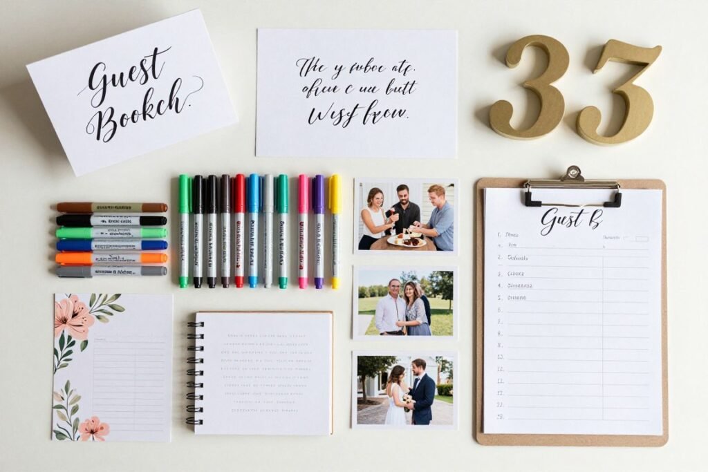 wedding guest book planning supplies including markers, instruction signs, and example photos wedding guest book planning supplies including markers, instruction signs, and example photos