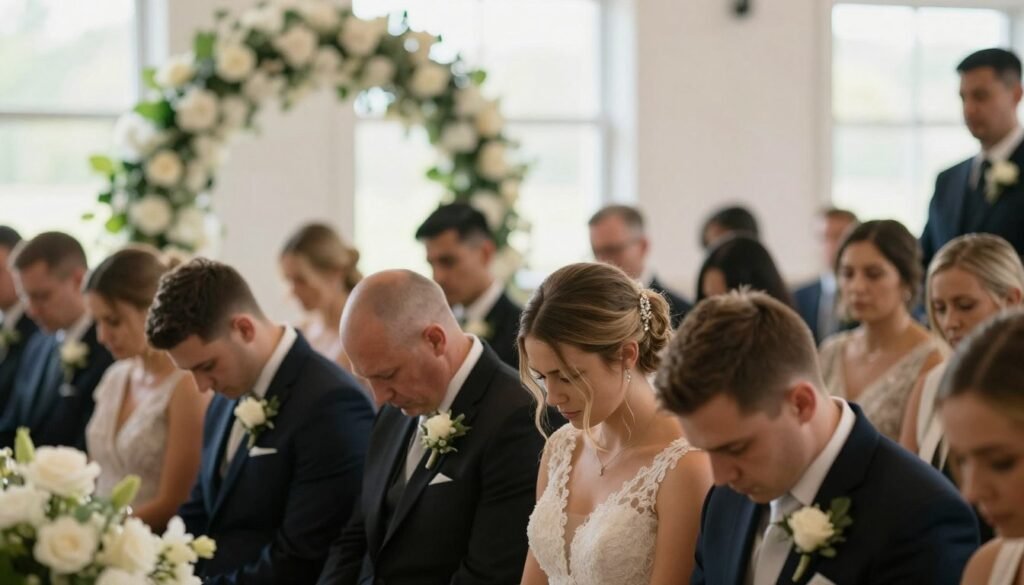 wedding guests during moment of silence at ceremony
