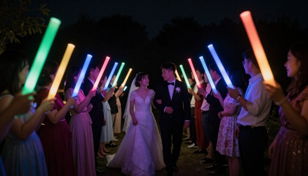 wedding guests holding colorful glow sticks creating light patterns at night ceremony