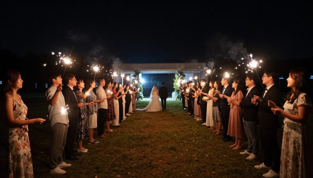 wedding guests holding sparklers creating a bright pathway for couple exit