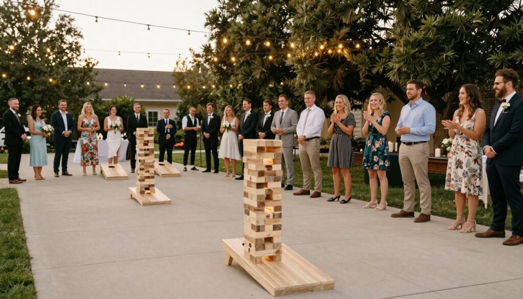 wedding guests playing interactive lawn games at outdoor reception