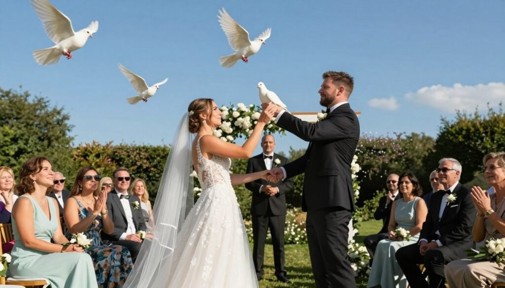 wedding guests releasing white doves as memorial tribute wedding guests releasing white doves as memorial tribute