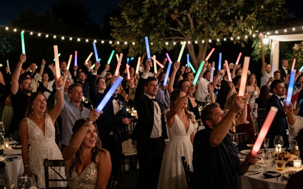 wedding guests waving colorful glow sticks at night reception