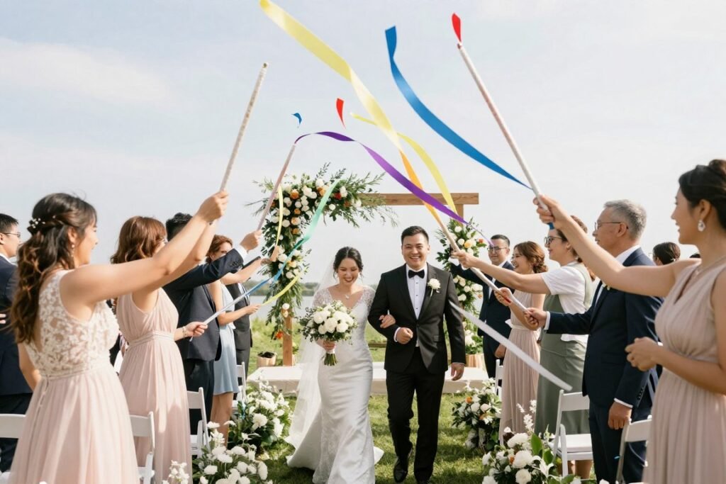 wedding guests waving colorful ribbon wands during couple exit ceremony