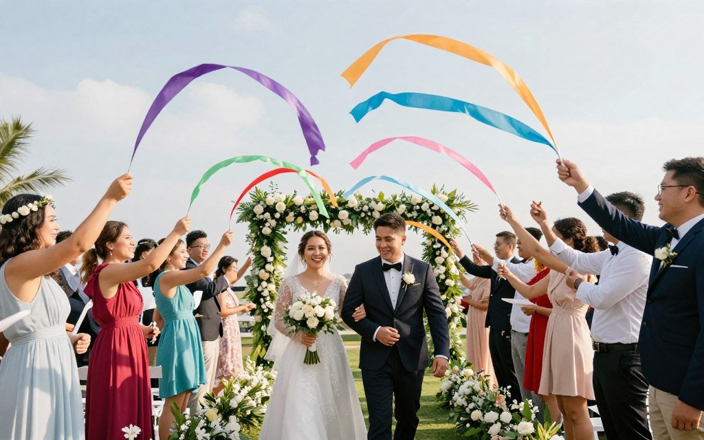 wedding guests waving colorful ribbon wands during send-off