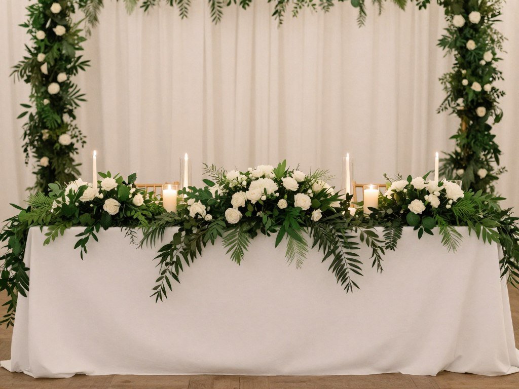 wedding head table with garland and candles