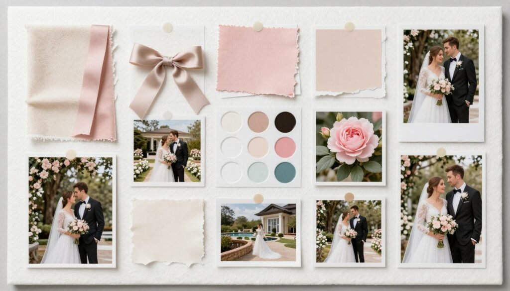 wedding inspiration board with photos, swatches, and tear sheets