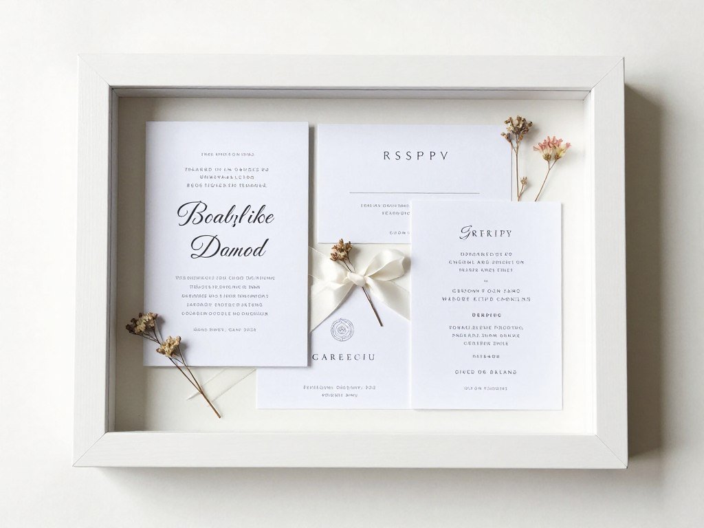 wedding invitation and program displayed in shadow box with decorative elements