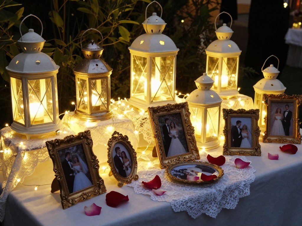 wedding memorial with lanterns and fairy lights