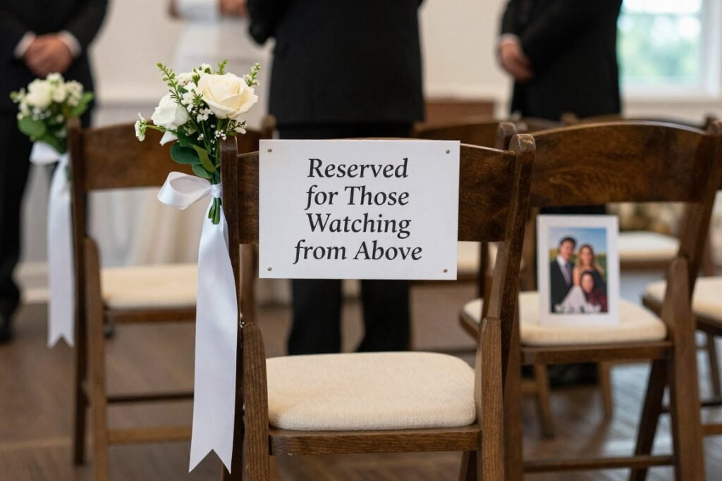 wedding memorial with reserved seat sign and flowers