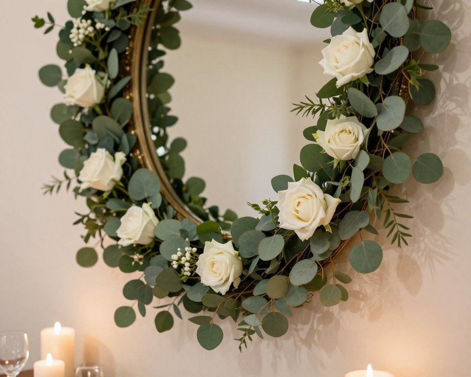 wedding mirror decoration with greenery and romantic details