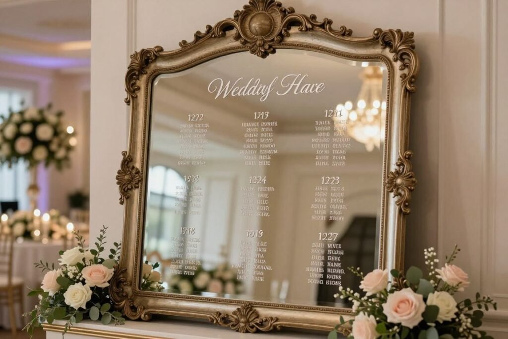 wedding mirror seating chart with calligraphy and floral details