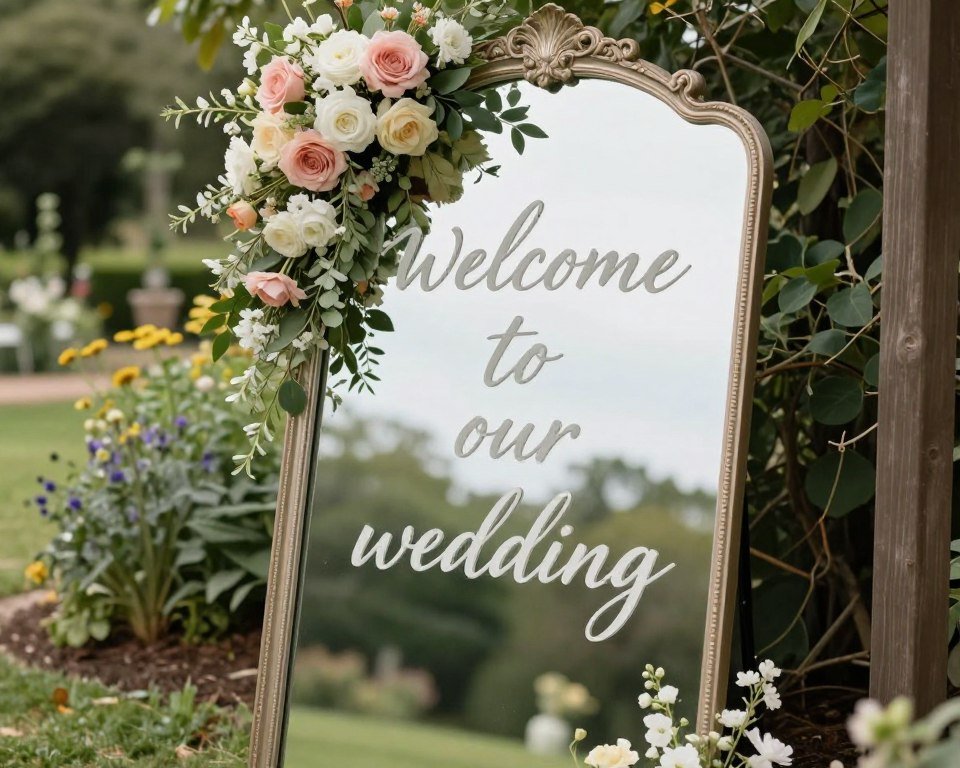 wedding mirror welcome sign with romantic quote and florals