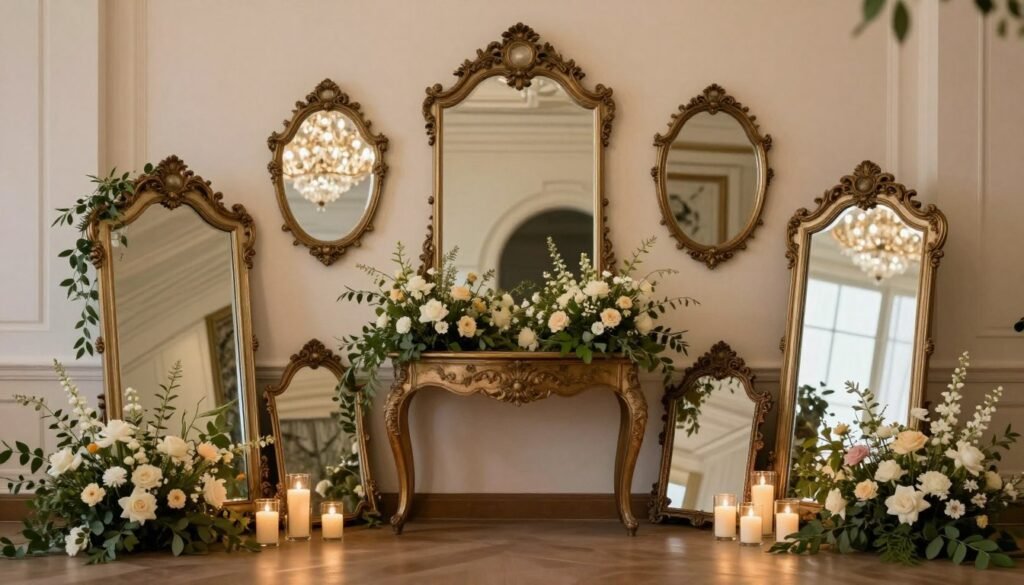 wedding mirrors styled with florals and candles