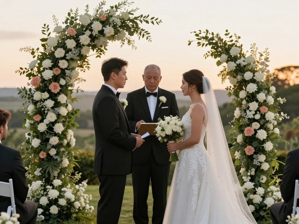 wedding officiant standing at ceremony with couple wedding officiant standing at ceremony with couple