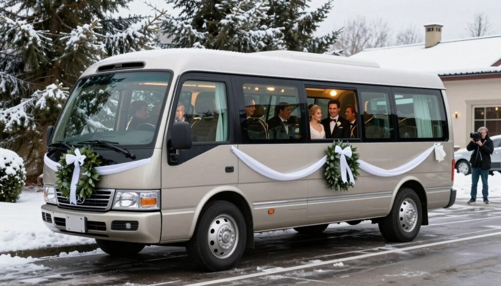 wedding party in luxury shuttle bus arriving at winter venue wedding party in luxury shuttle bus arriving at winter venue