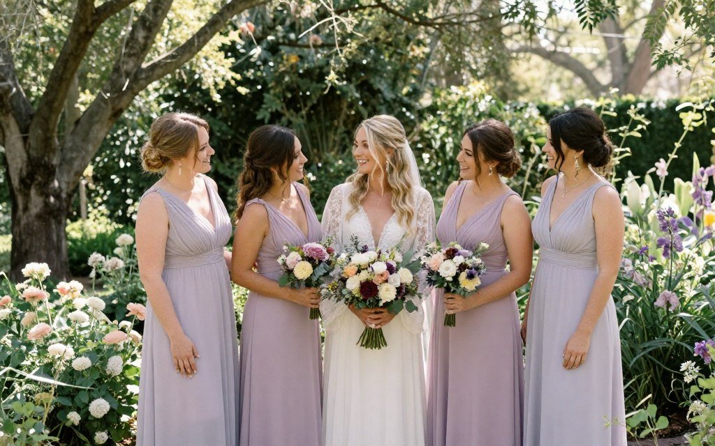 wedding party photos in natural outdoor setting