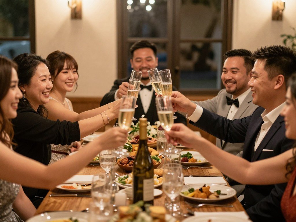 wedding party toasting at rehearsal dinner