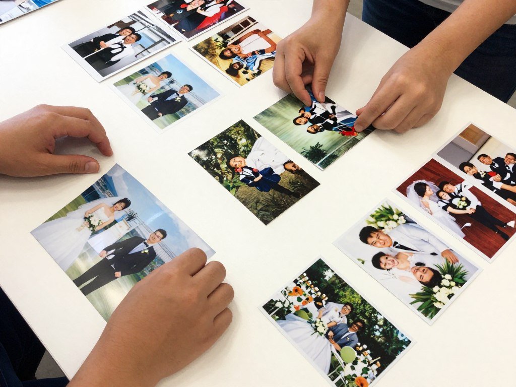 wedding photos being selected and arranged for scrapbook