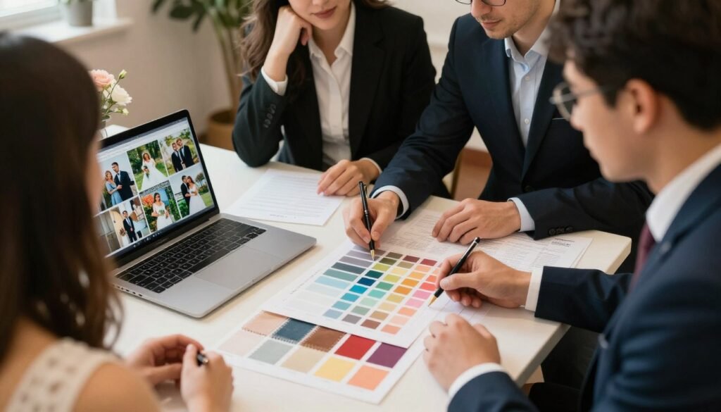 wedding planning meeting with color swatches and vendor