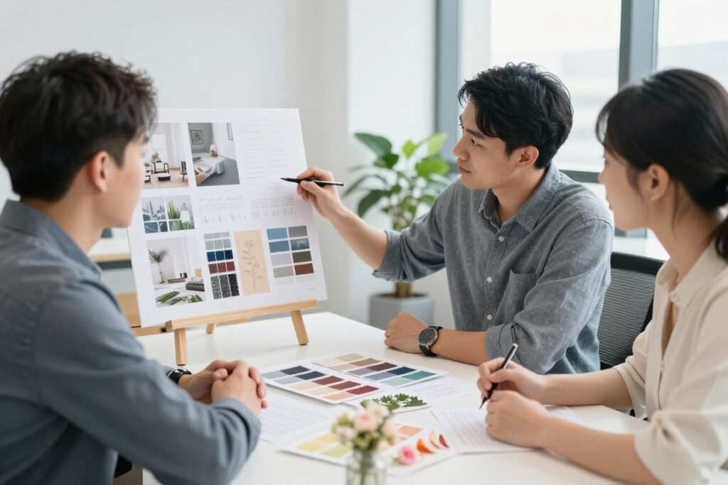 wedding planning meeting with decorator reviewing designs wedding planning meeting with decorator reviewing designs