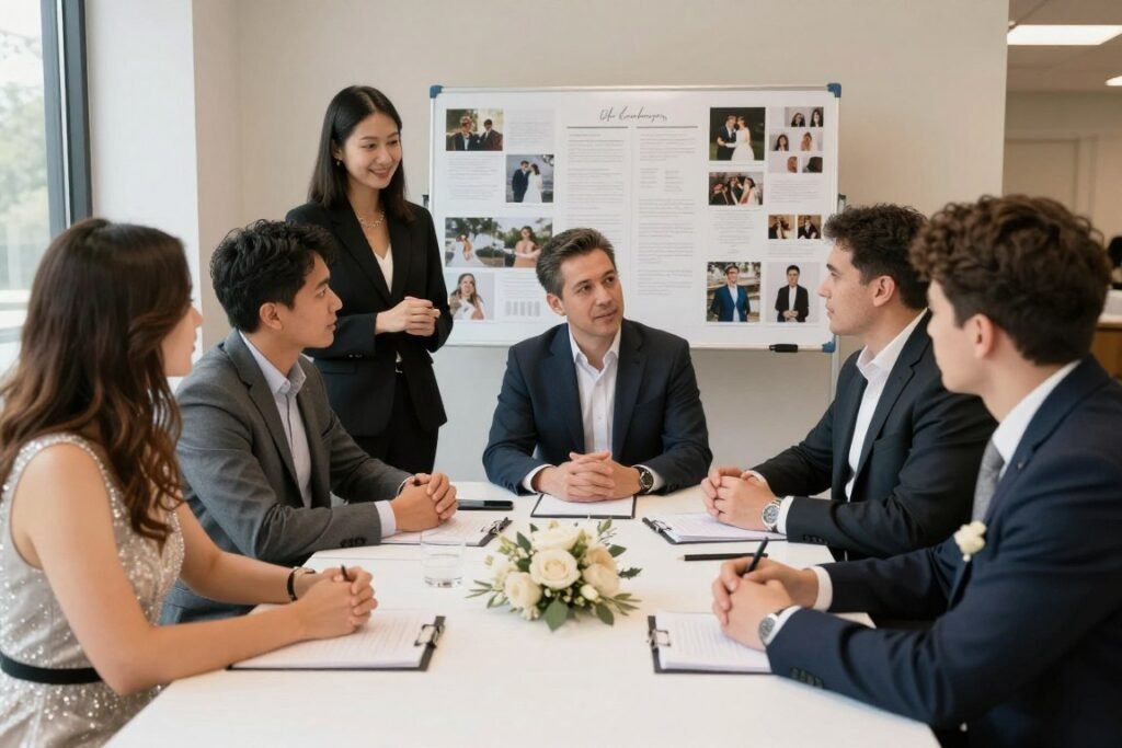 wedding planning meeting with vendors and theme materials