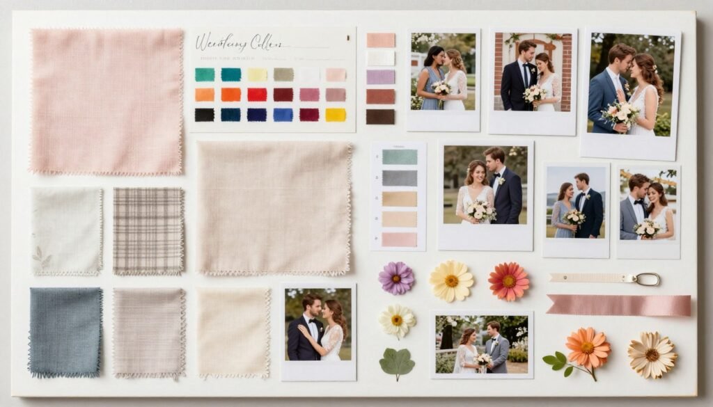 wedding planning mood board with color swatches and inspiration