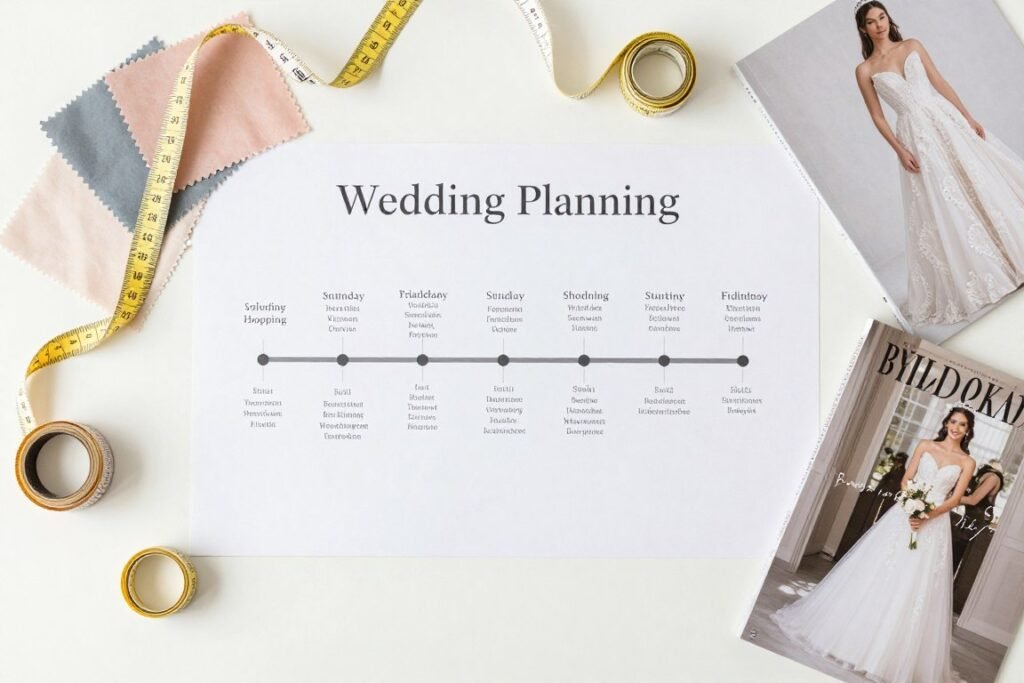 wedding planning timeline calendar showing bridesmaid dress ordering schedule