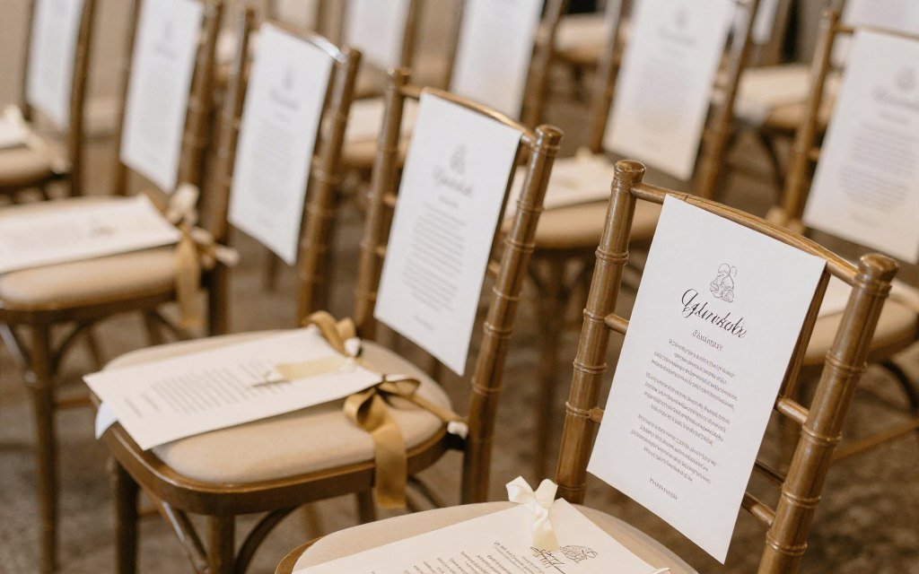 wedding programs placed on ceremony chairs with ribbon wedding programs placed on ceremony chairs with ribbon