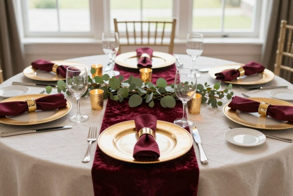 wedding reception table with burgundy velvet runner and gold accents
