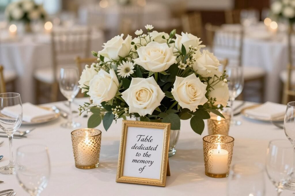 wedding reception table with memorial centerpiece and dedication card wedding reception table with memorial centerpiece and dedication card