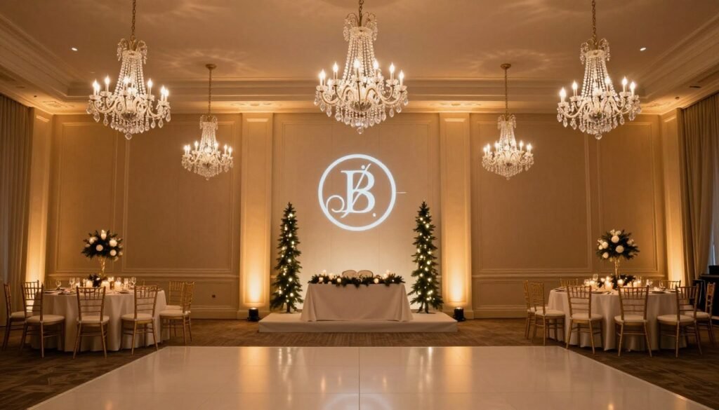 wedding reception with uplighting and monogram projection on wall
