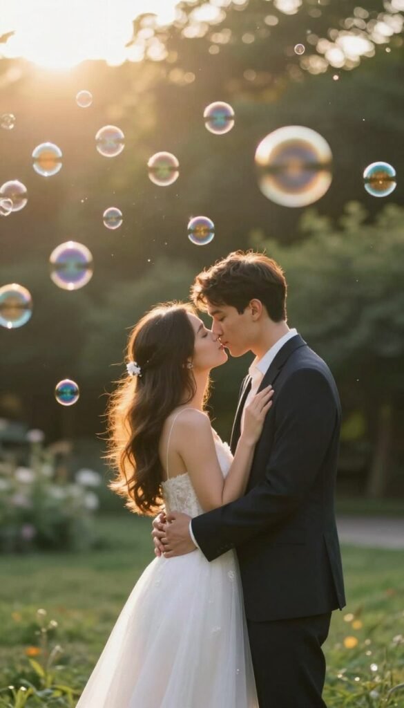 wedding send off ideas featuring soap bubbles floating around couple in golden hour light