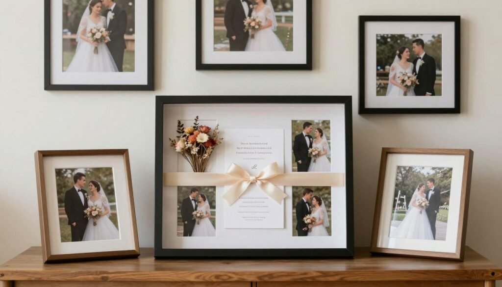wedding shadow box combining photos with dried flowers and keepsakes