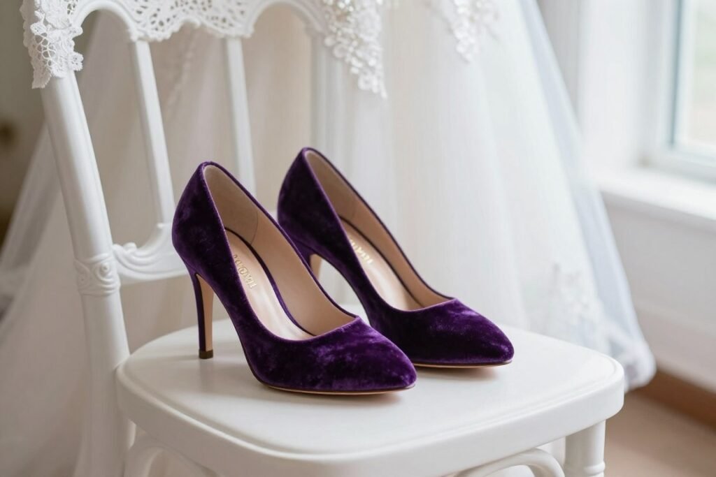 wedding shoes in purple velvet honoring mother favorite color
