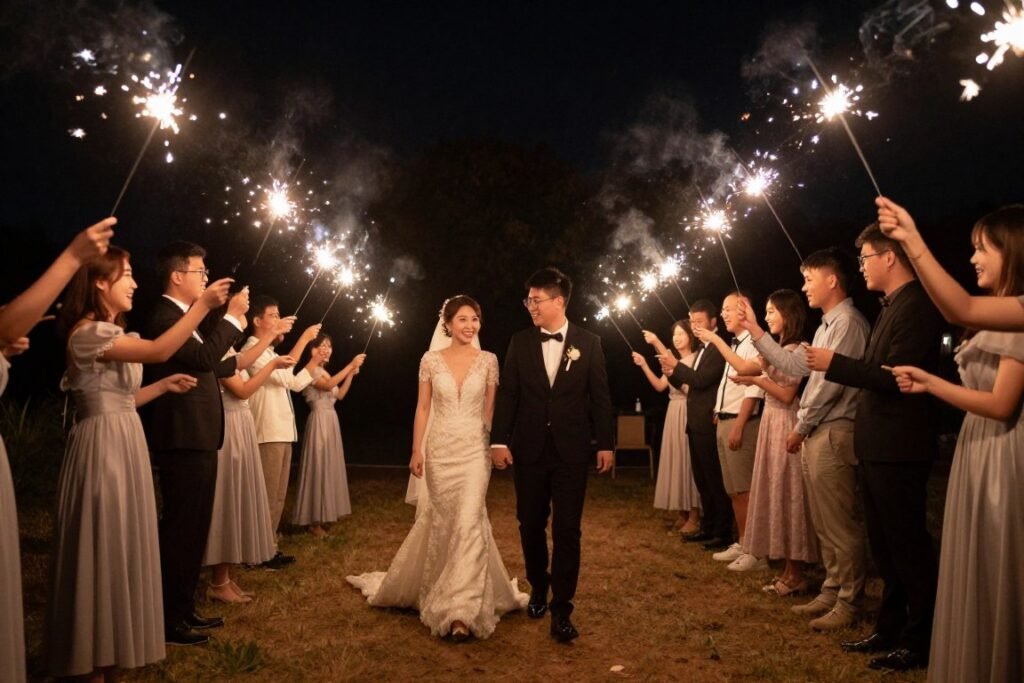 wedding sparkler send-off with couple walking through tunnel of sparklers