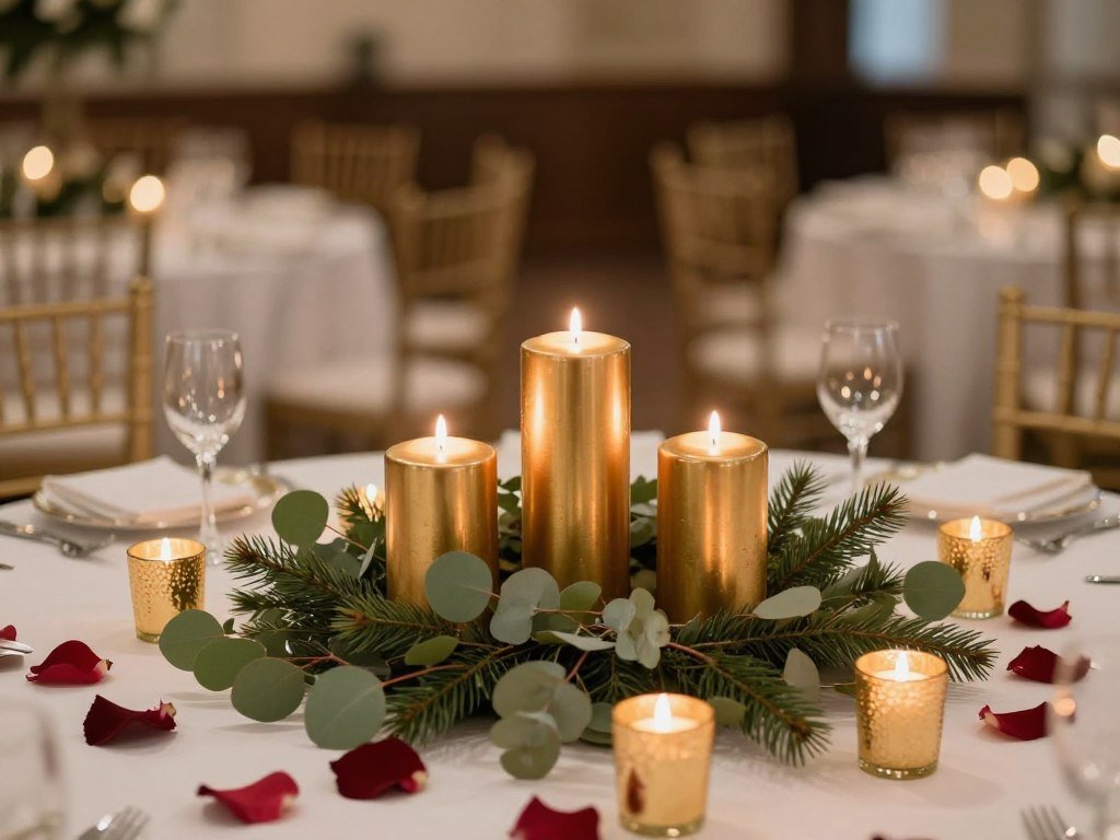 wedding table centerpiece with multiple candles of varying heights and greenery wedding table centerpiece with multiple candles of varying heights and greenery