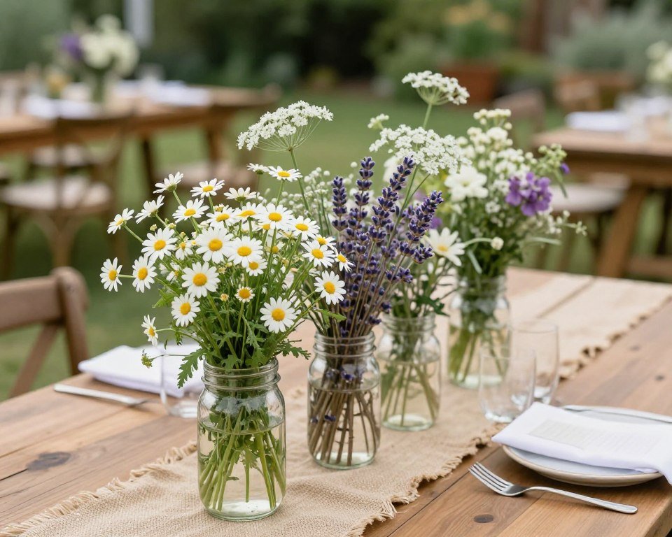wedding table ideas with wildflower mason jar centerpieces
