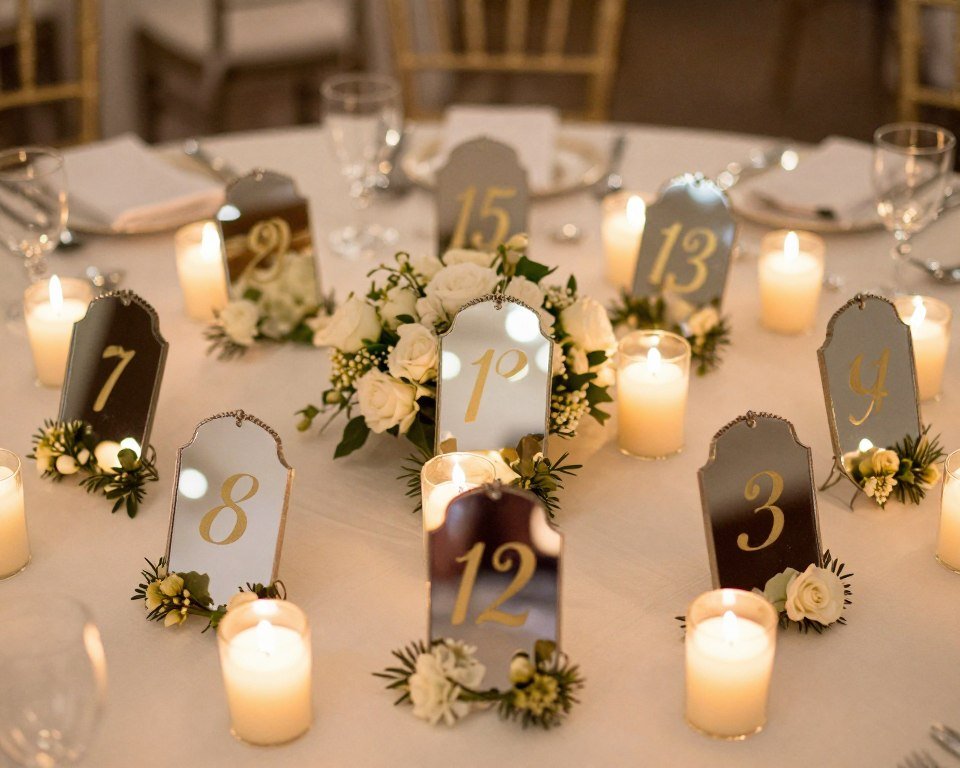 wedding table numbers displayed on small mirrors with florals