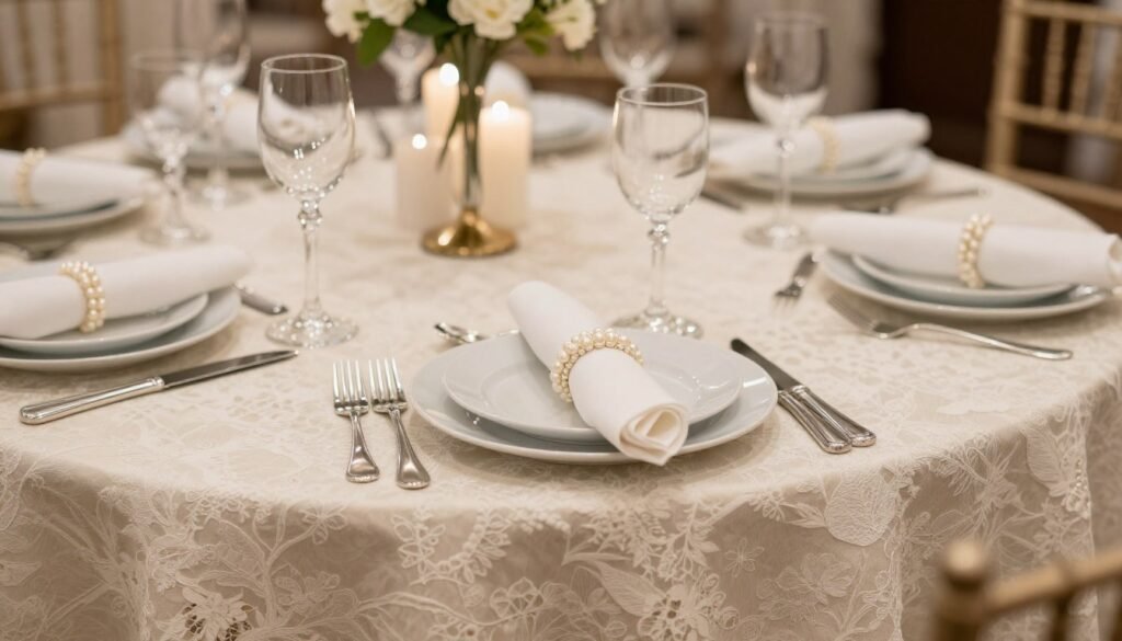 wedding table with elegant ivory lace table linens and classic place settings