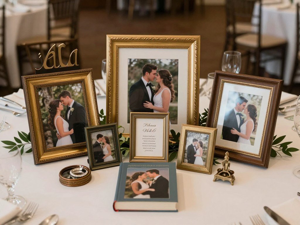 wedding table with personal photo display and meaningful decorations