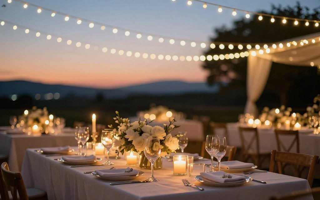 wedding table with romantic candle and string light illumination