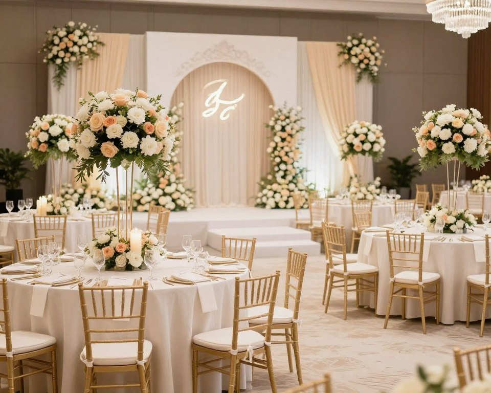 wedding tables coordinated with ceremony backdrop and overall design