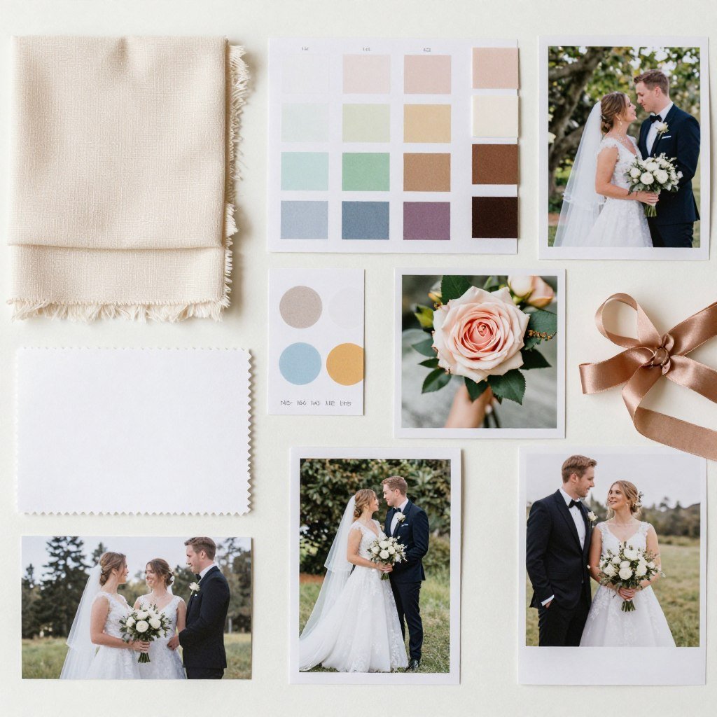 wedding theme mood board with color swatches