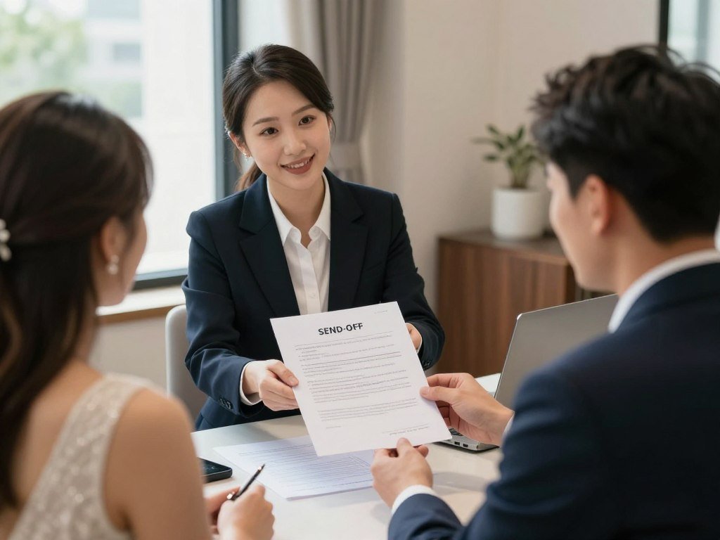 wedding venue coordinator discussing send-off options with couple