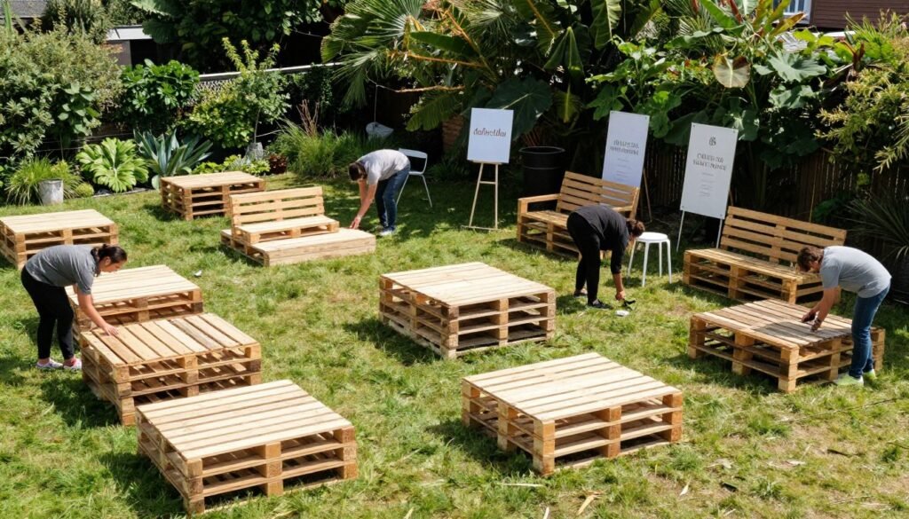 wedding venue setup with pallet decorations in progress