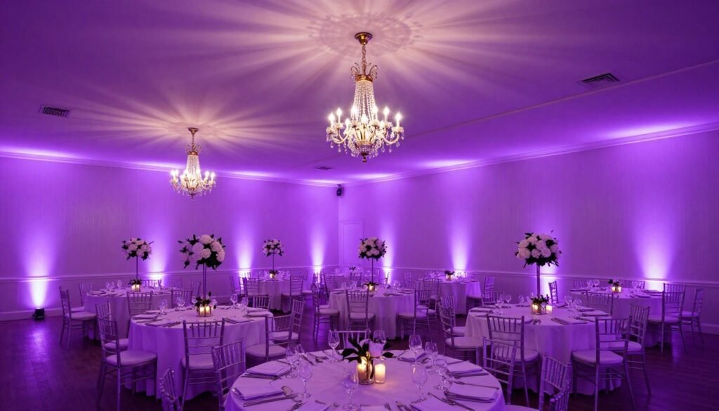 wedding venue with purple uplighting and ambient lighting effects