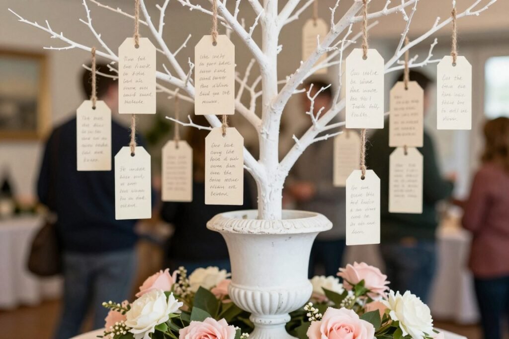 wedding wishing tree with handwritten memory tags hanging from branches
