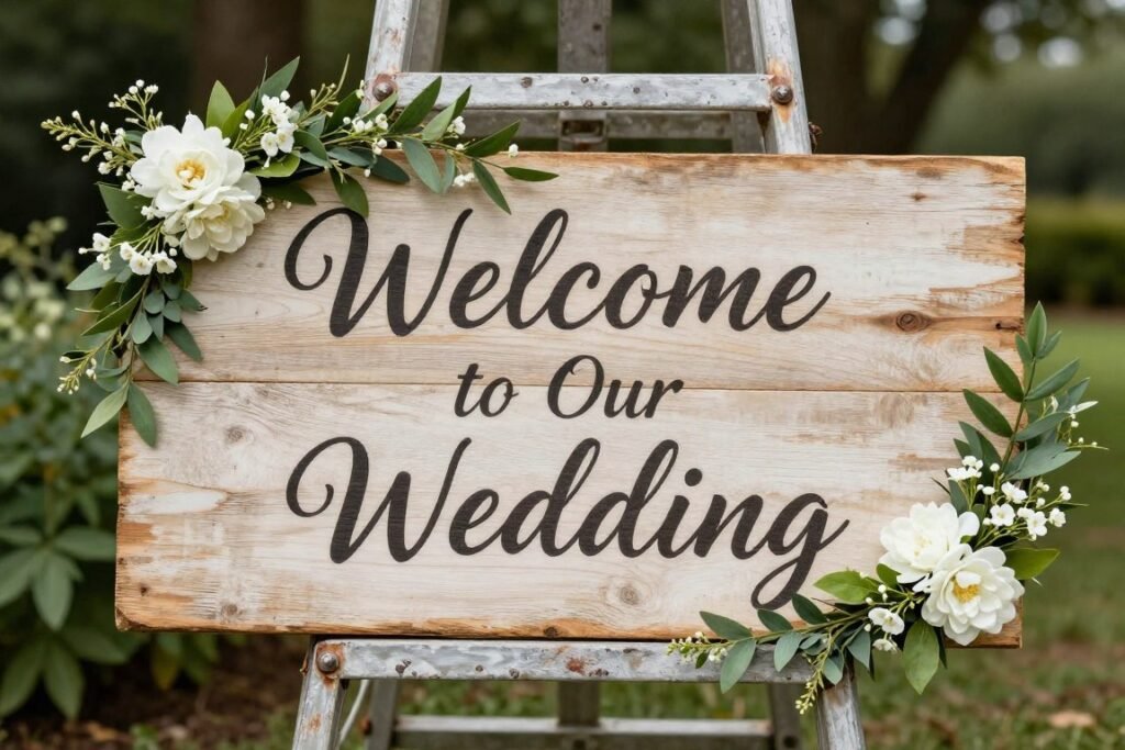 welcome sign painted on wooden pallet wedding entrance